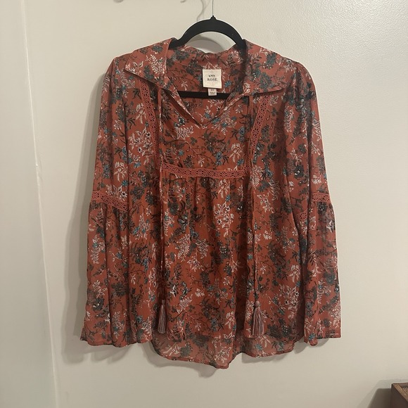 Knox Rose Tops - Knox Rose Women Floral Tasseled Sheer Bohemian Cottagecore Tunic Top XS Autumn